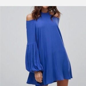 Free People Cold Shoulder Drift Away Shift Boho Flowy MiniDress Blue Women Small
